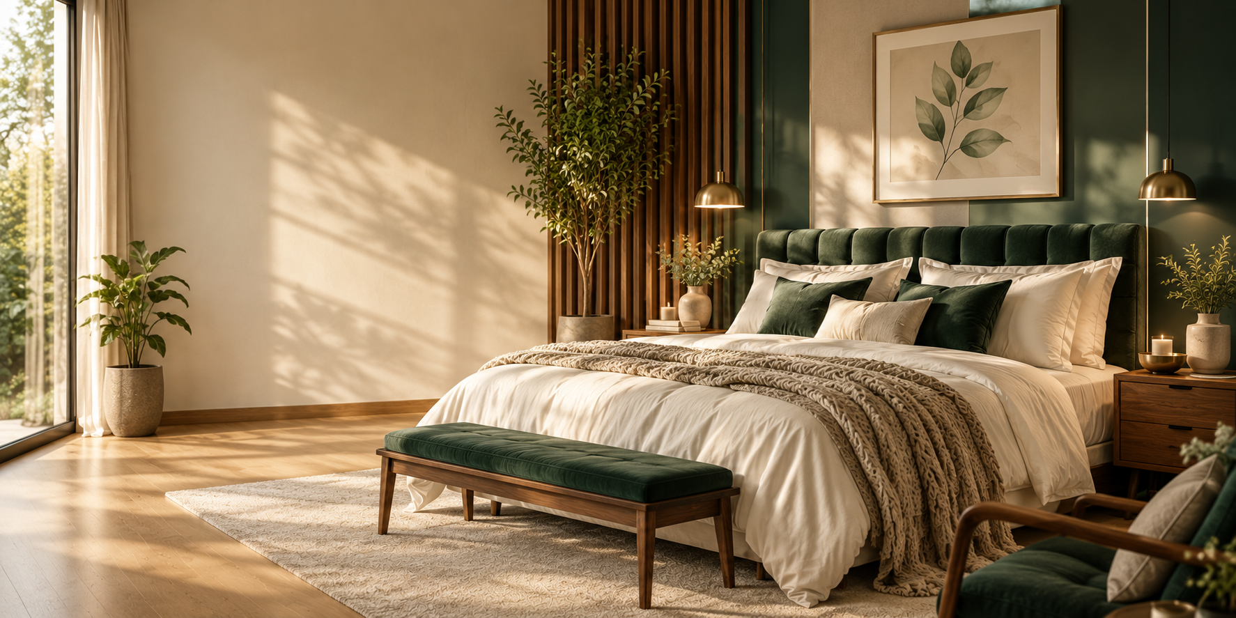 Calm Scandinavian bedroom with warm wood, soft bedding, and gentle morning light.
