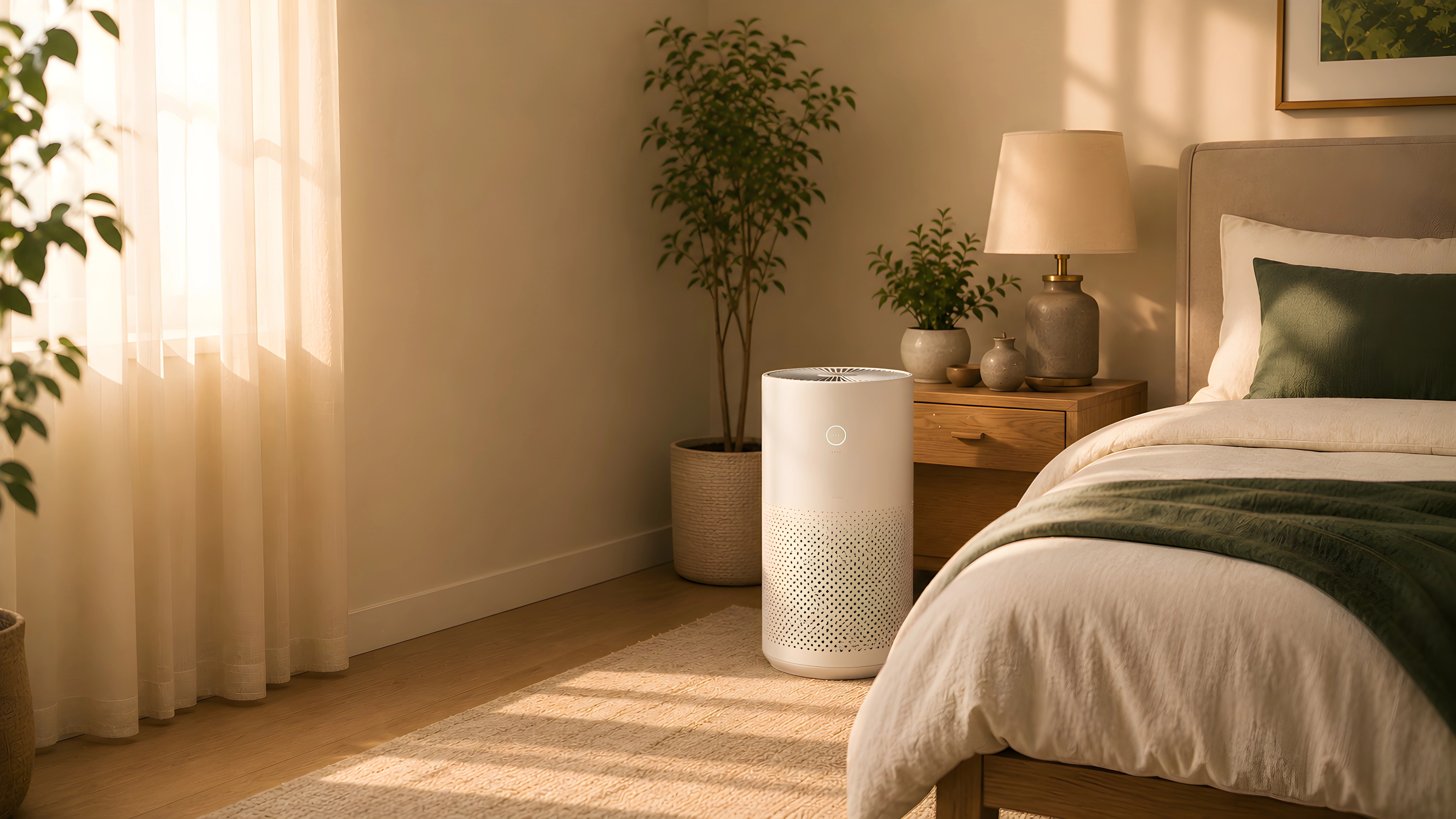 Air purifier positioned in a bedroom for overnight air comfort