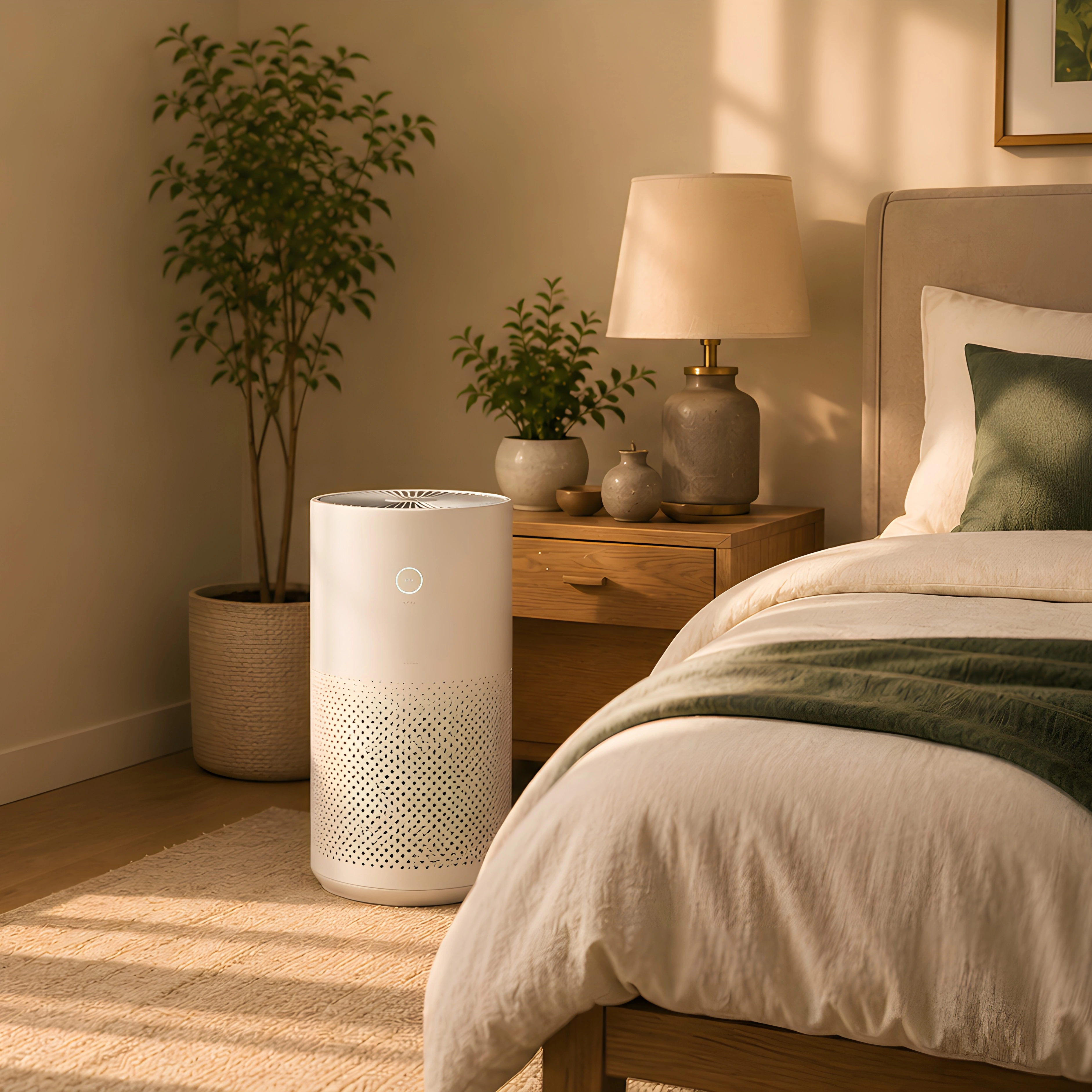 Air purifier positioned in a bedroom for overnight air comfort