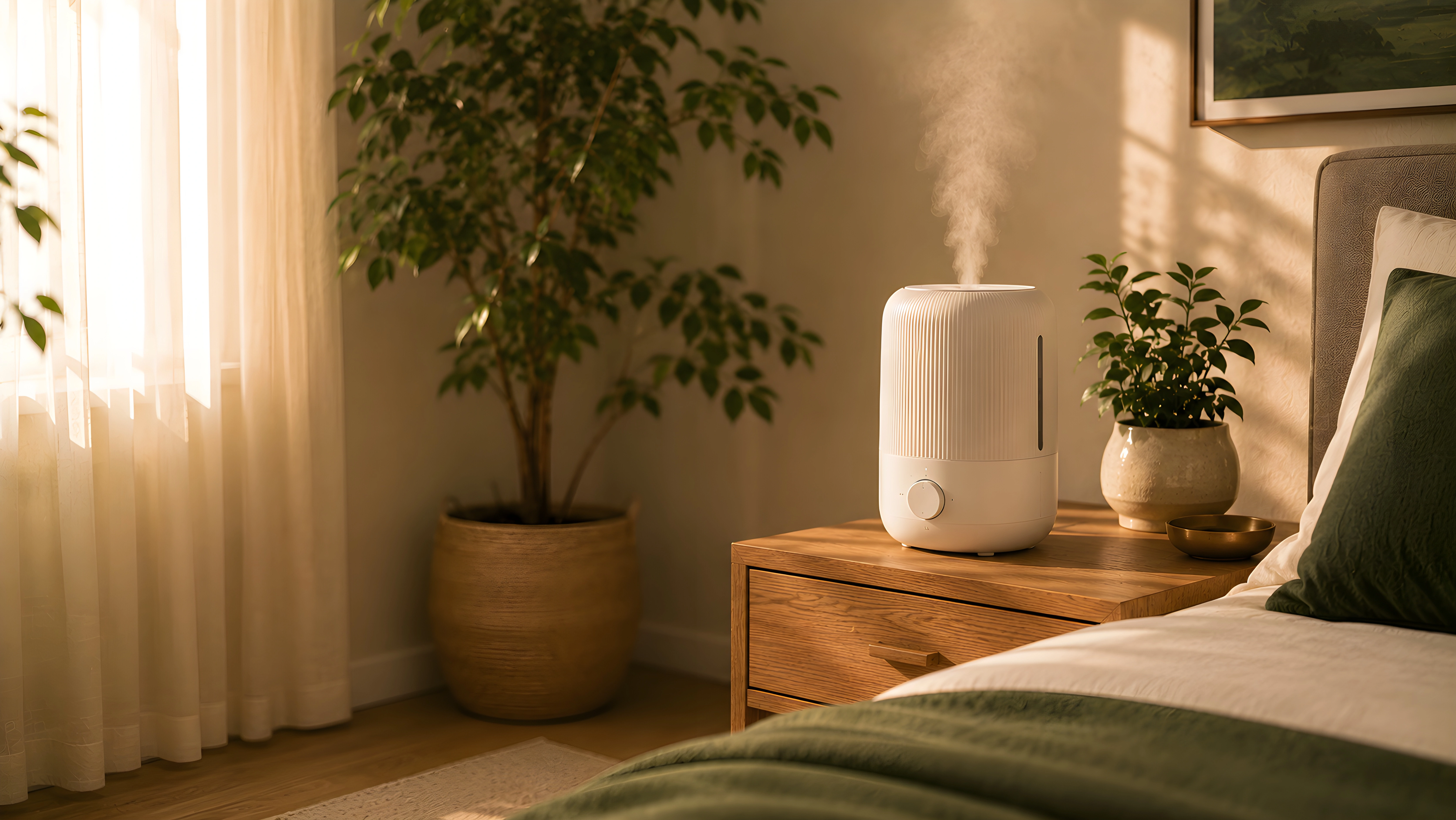 Bedroom humidifier releasing mist in a sleep space