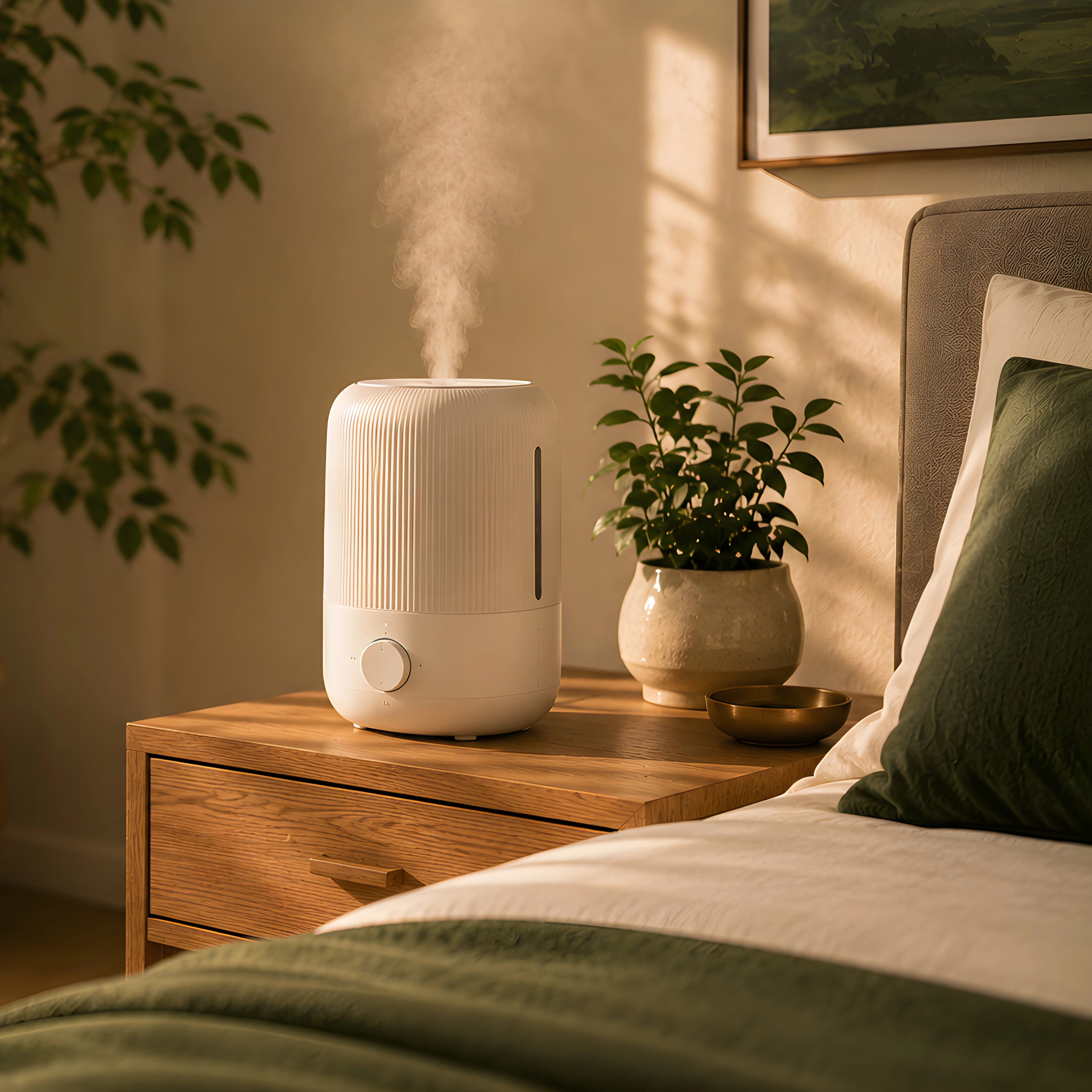 Bedroom humidifier releasing mist in a sleep space