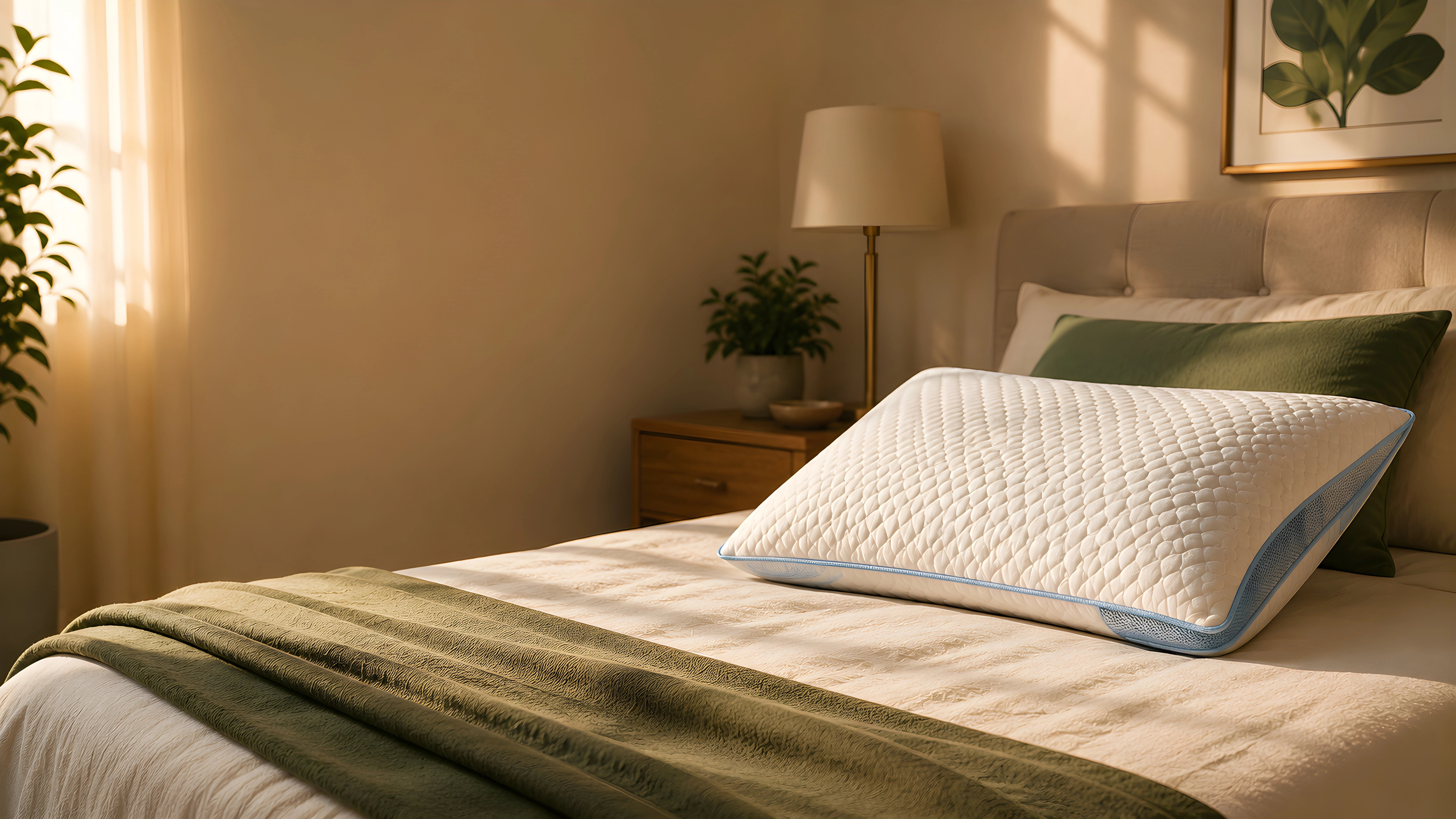 Cooling pillow arranged on a soft bedroom surface