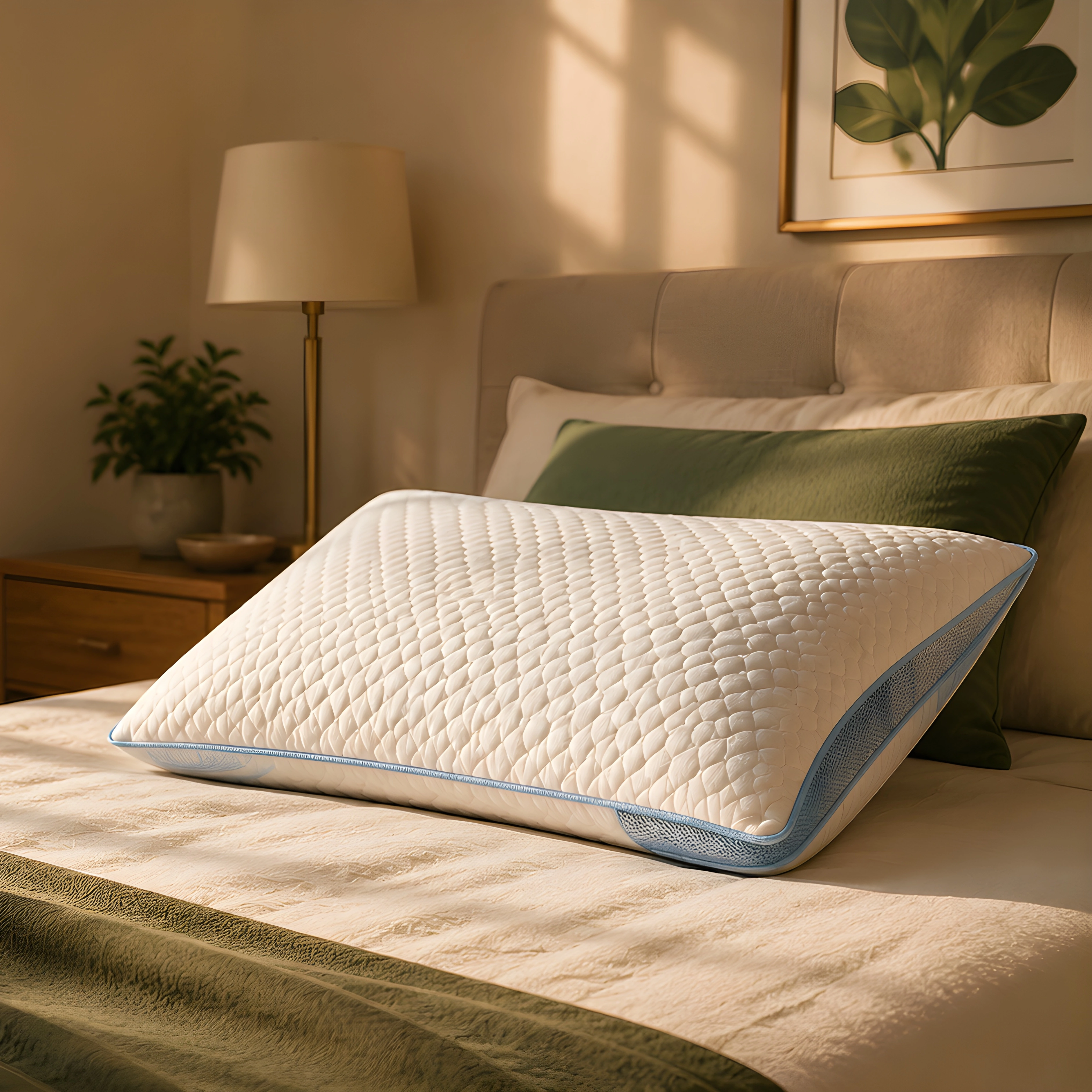 Cooling pillow arranged on a soft bedroom surface