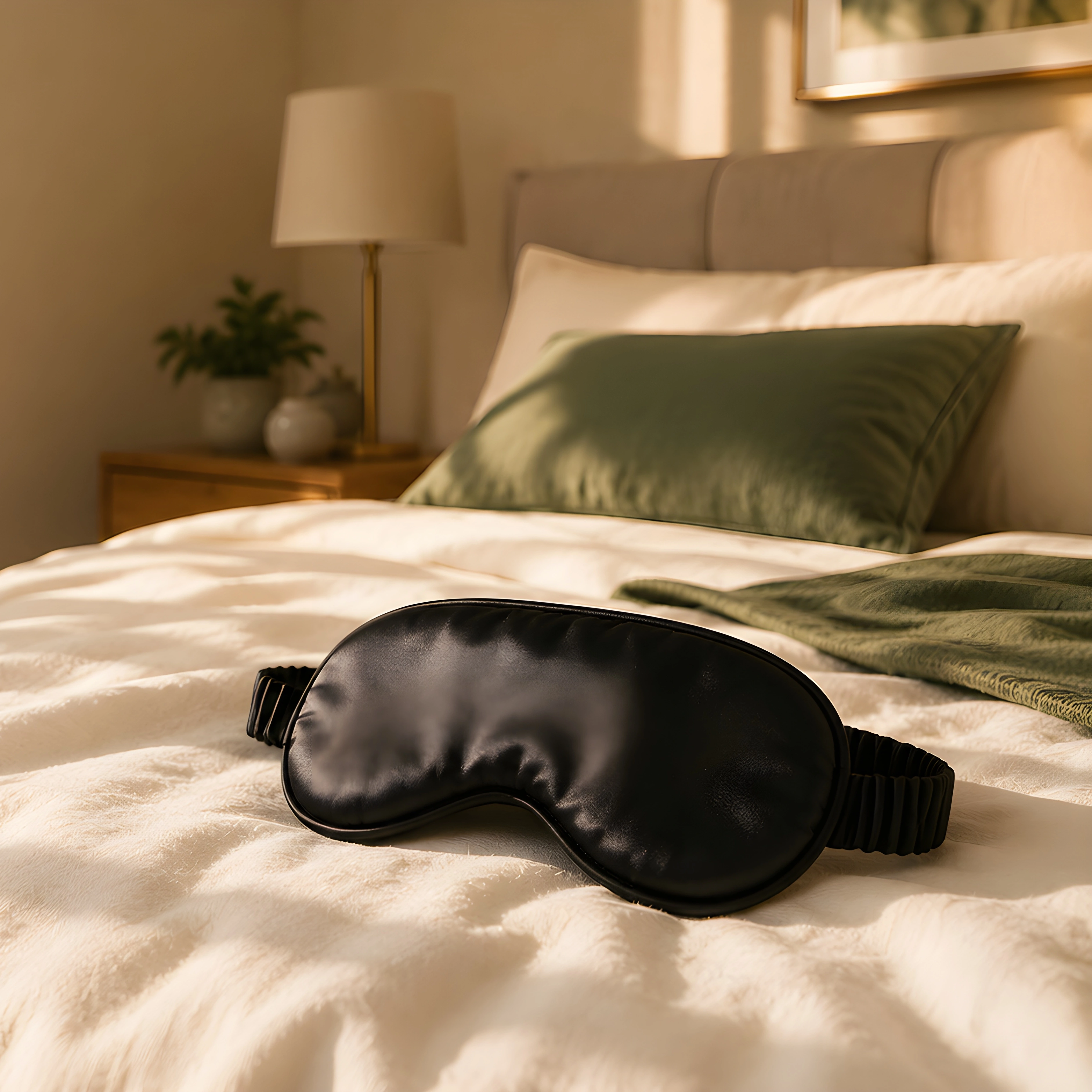 Sleep mask placed on soft bedding for light control