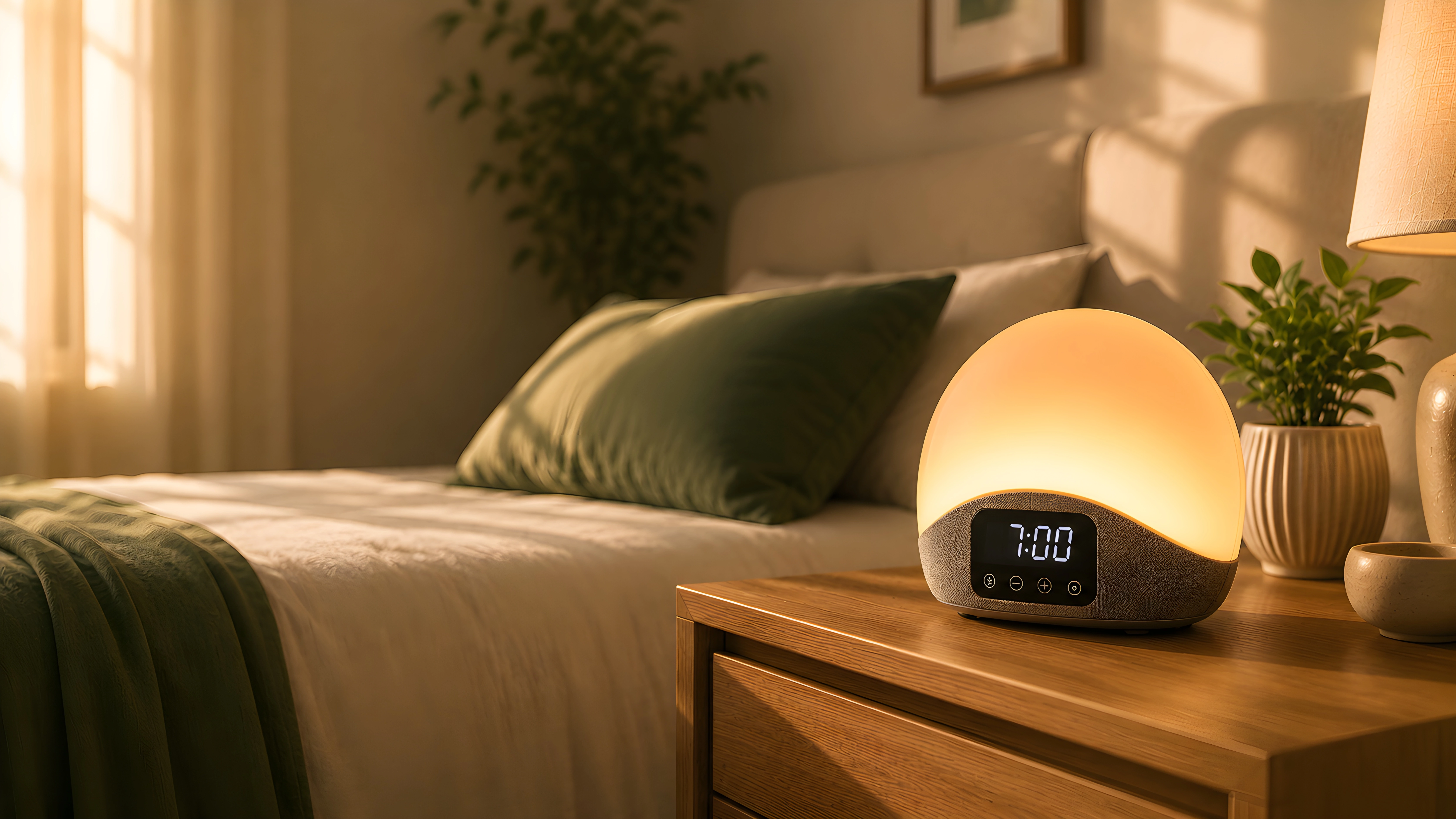 Sunrise alarm clock glowing softly on a bedside table
