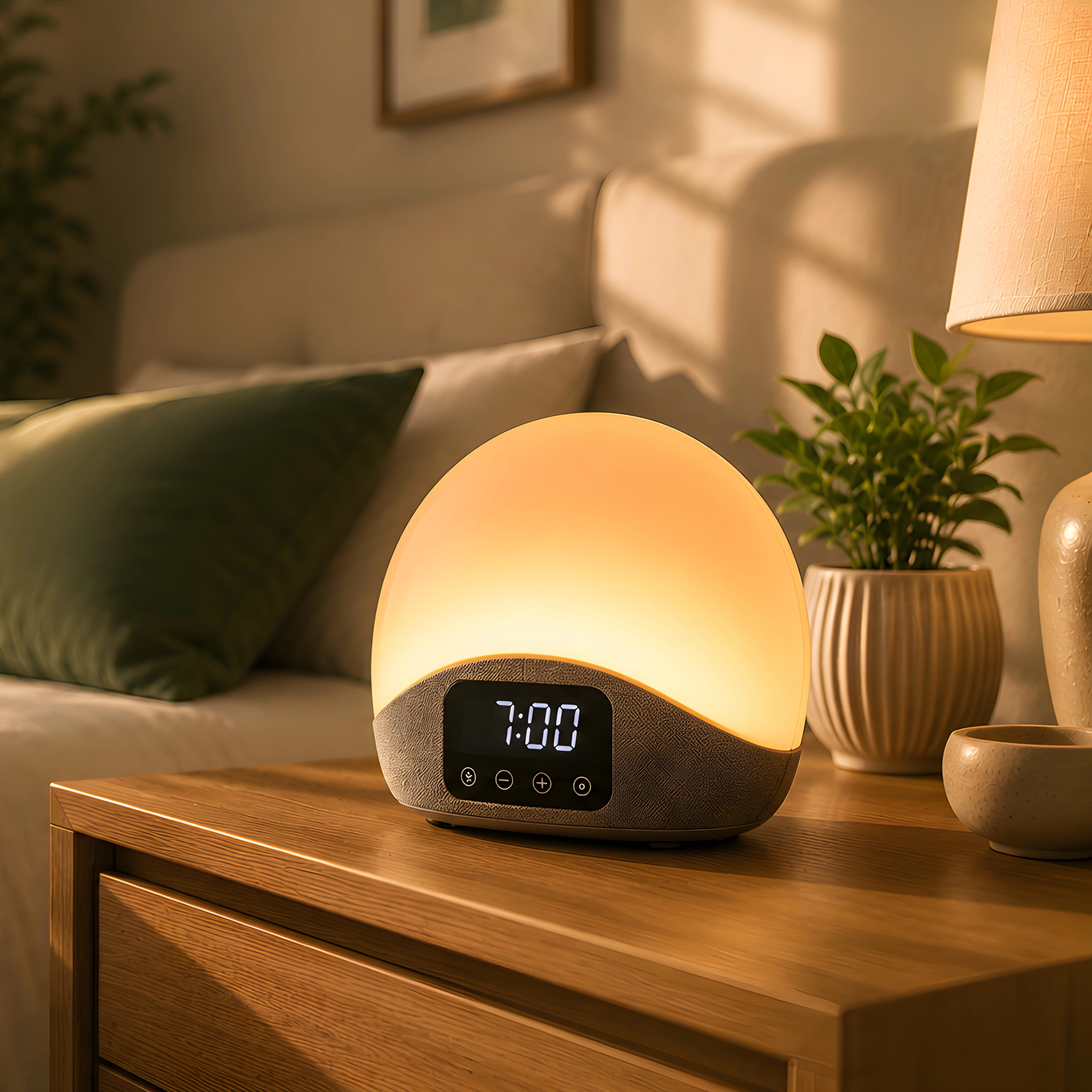 Sunrise alarm clock glowing softly on a bedside table
