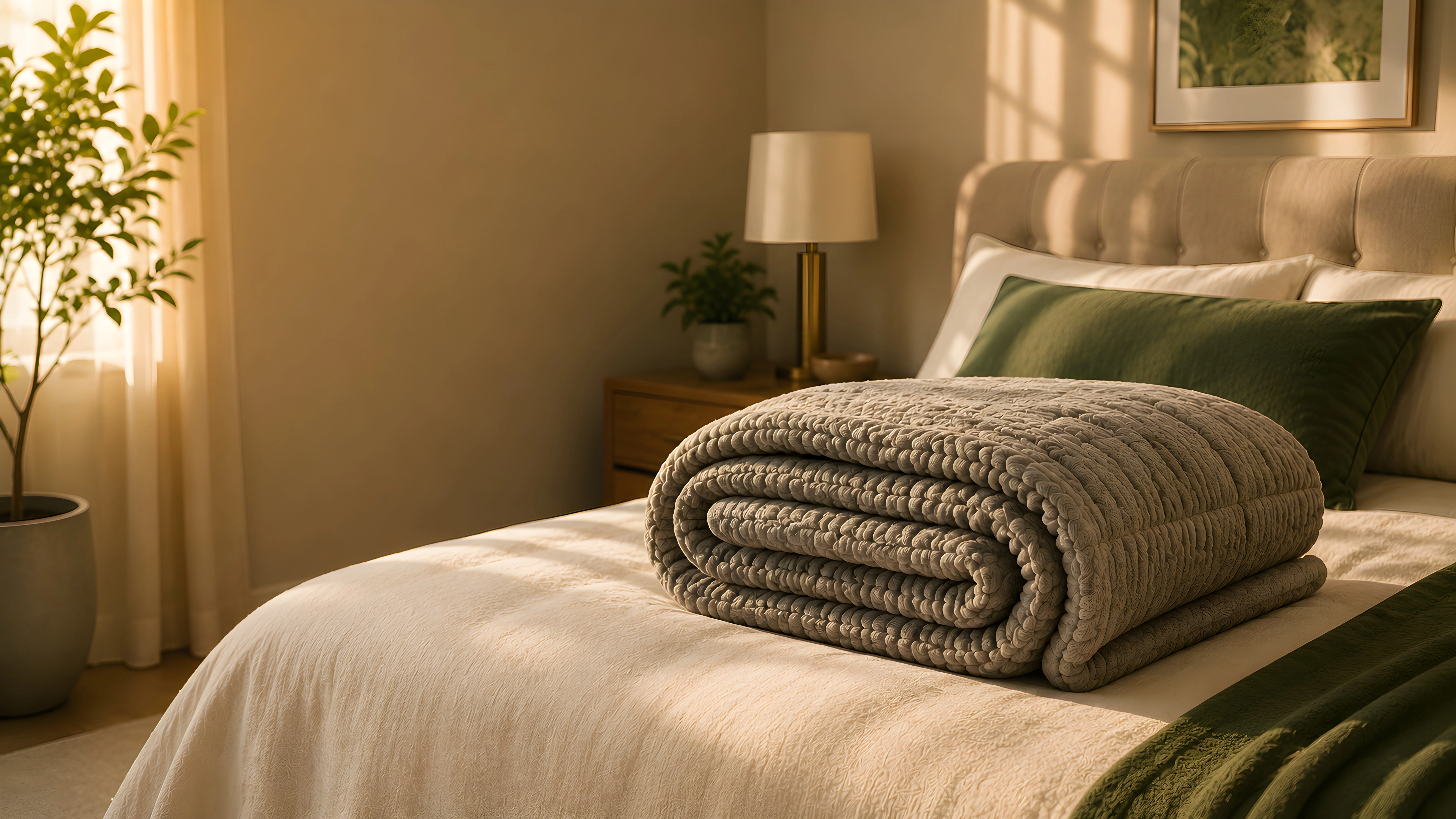 Weighted blanket folded across a calm bedroom setting