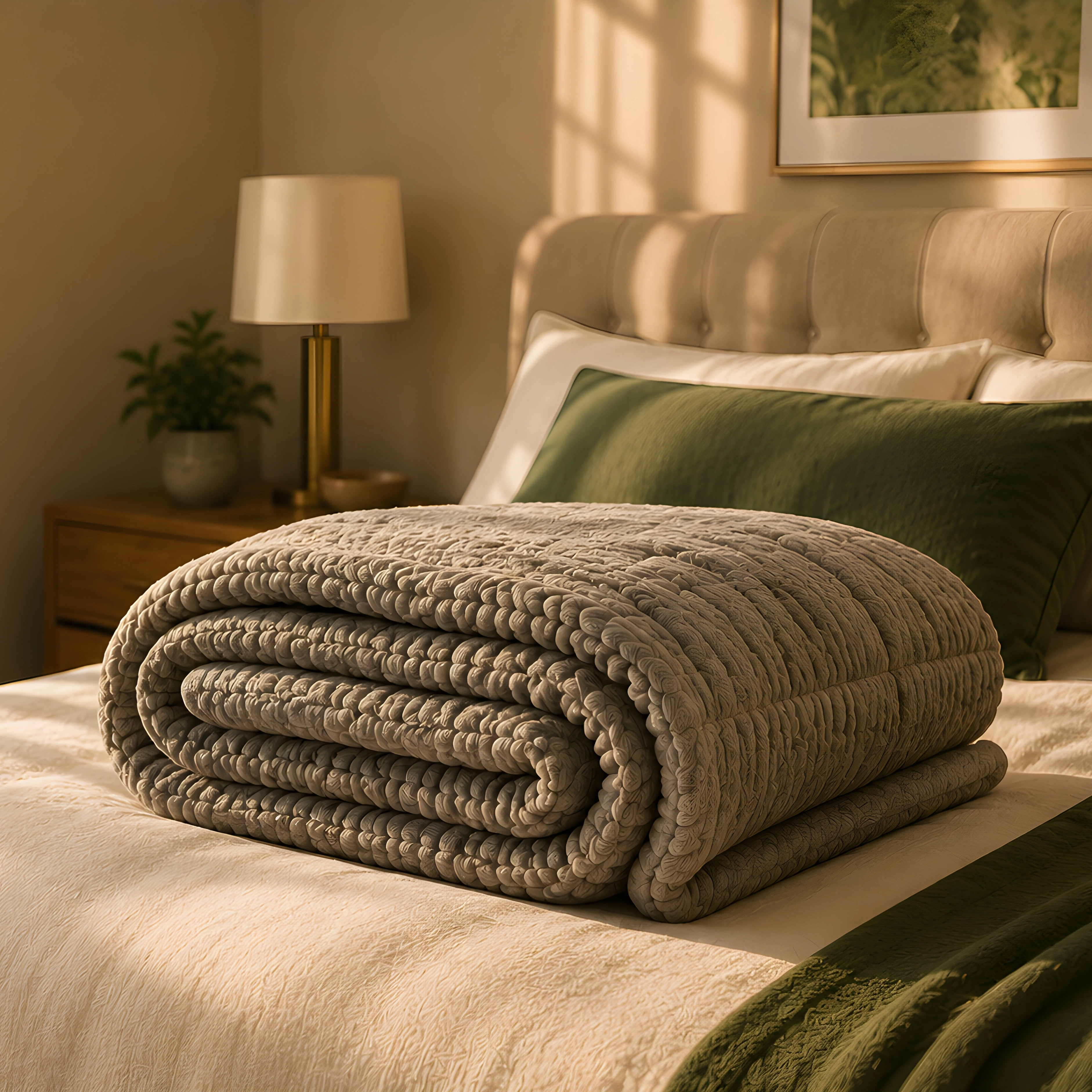 Weighted blanket folded across a calm bedroom setting