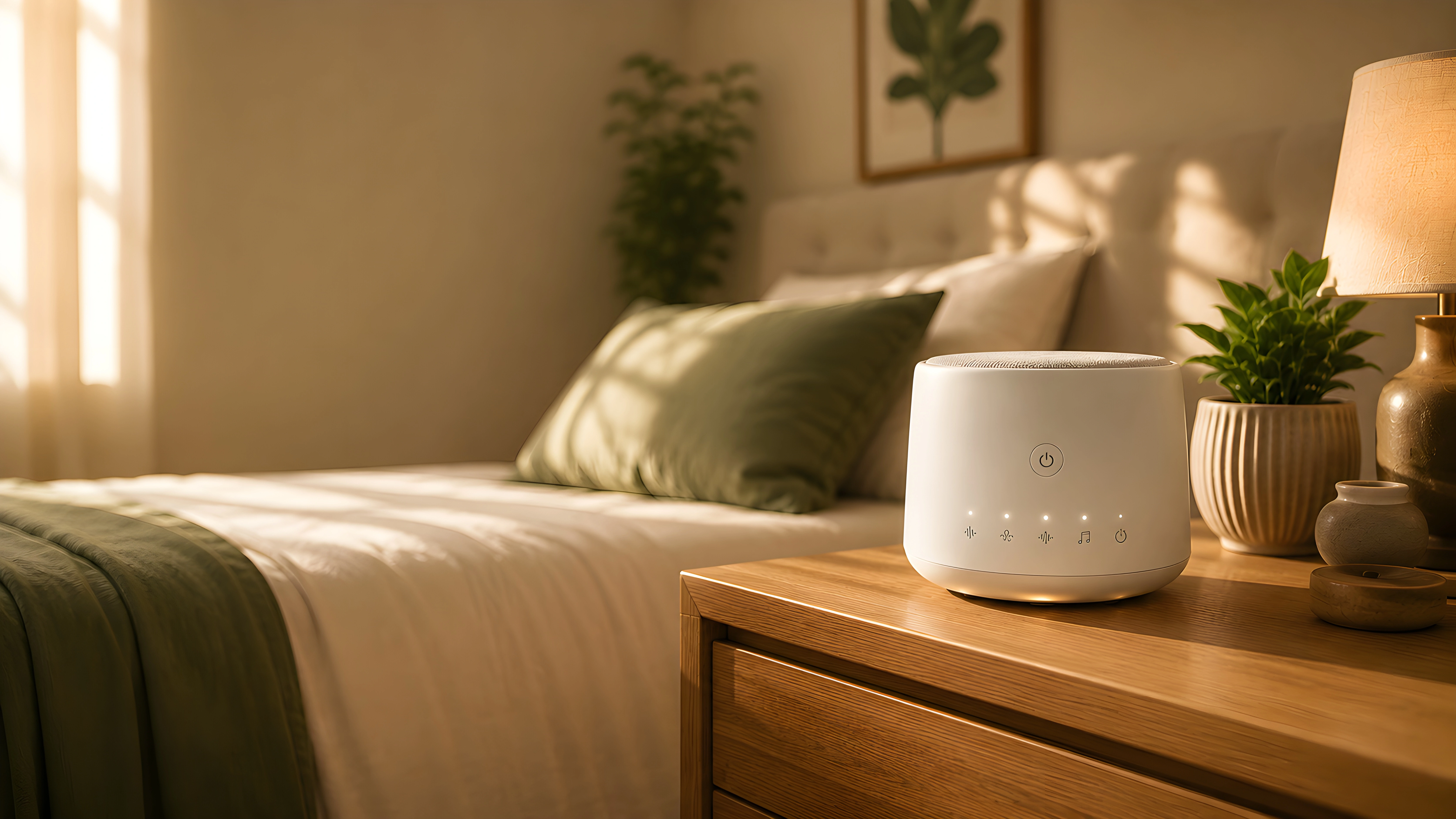 White noise machine displayed on a bedroom nightstand