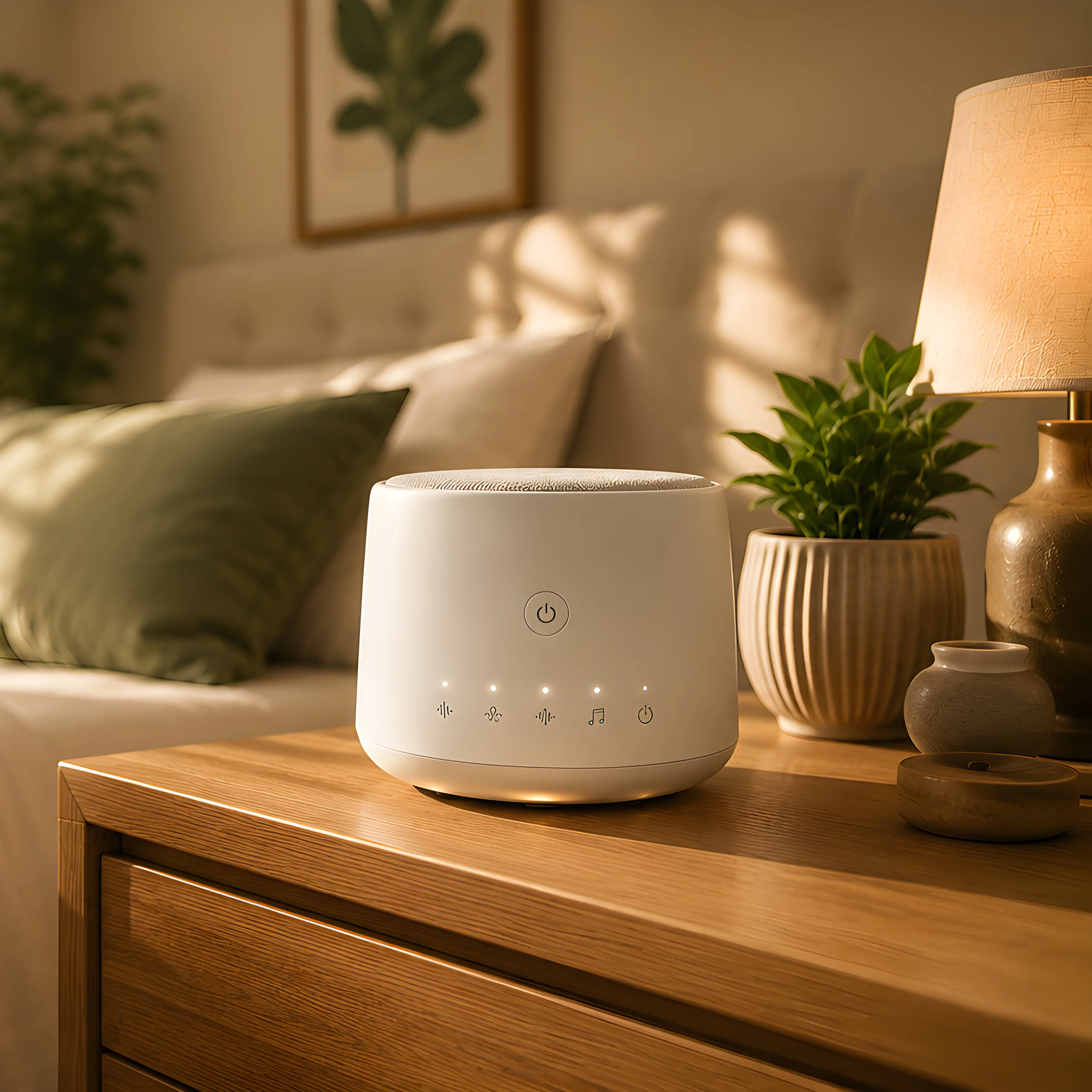 White noise machine displayed on a bedroom nightstand